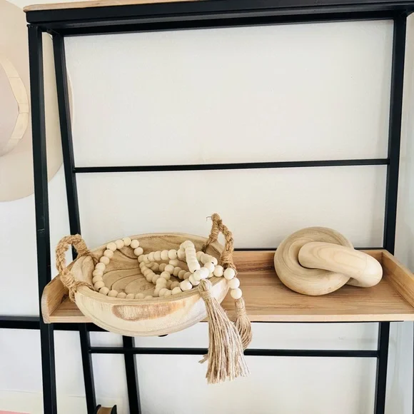 NEW POTTERY BARN White Cream Tan Wood Decor Low Bowl Knot Beads Chain Sphere - Picture 16 of 16